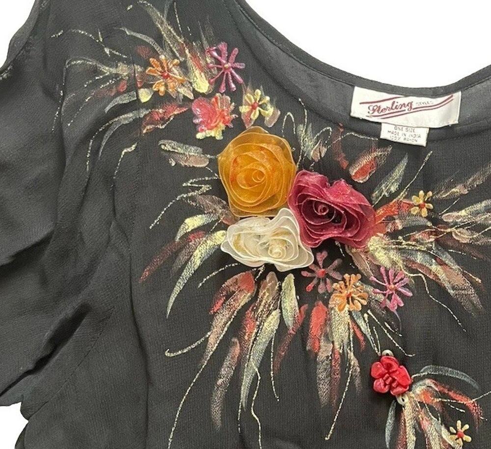 VTG 90s Spring Gothic Hand Painted Dress 3D Floral Art Sterling Styles Sheer Lux
